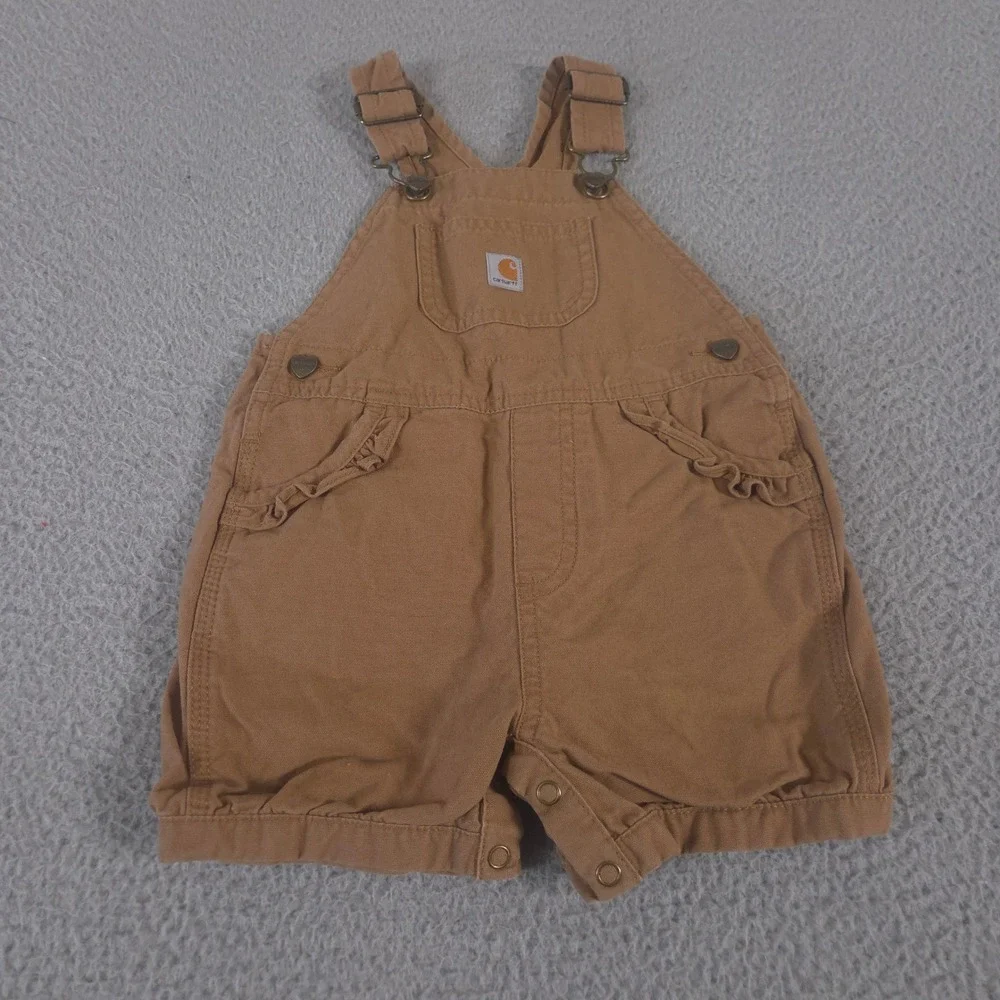 Carhartt Overalls Girls 18M Brown Canvas Bib Shortall Ruffle Trim Heart Buttons